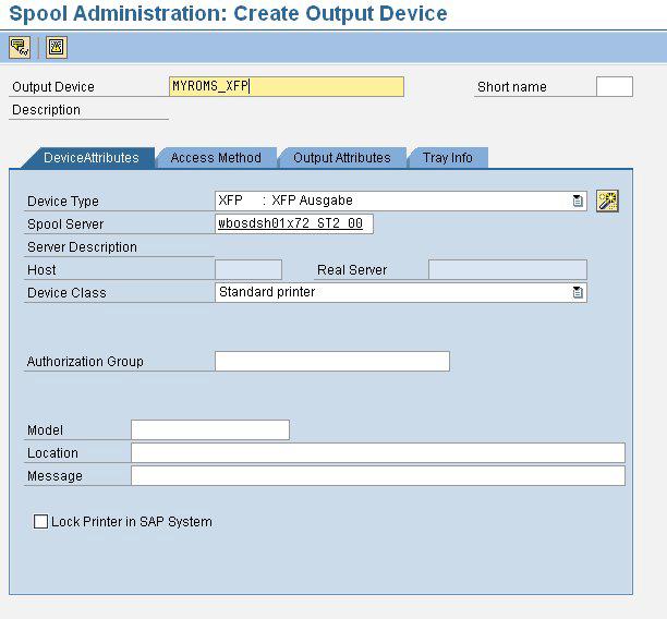 28 Configuring an output device for the Delivery Manager Configuring the SAP system for XOM 7 Select the DeviceAttributes tab, and specify the device settings.