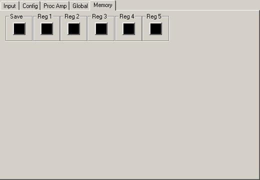 The Memory menu shown below allows you to save overall module setups to five memory registers as follows: Select Save, then one of the five memory registers Reg 1 5. The box will turn green.