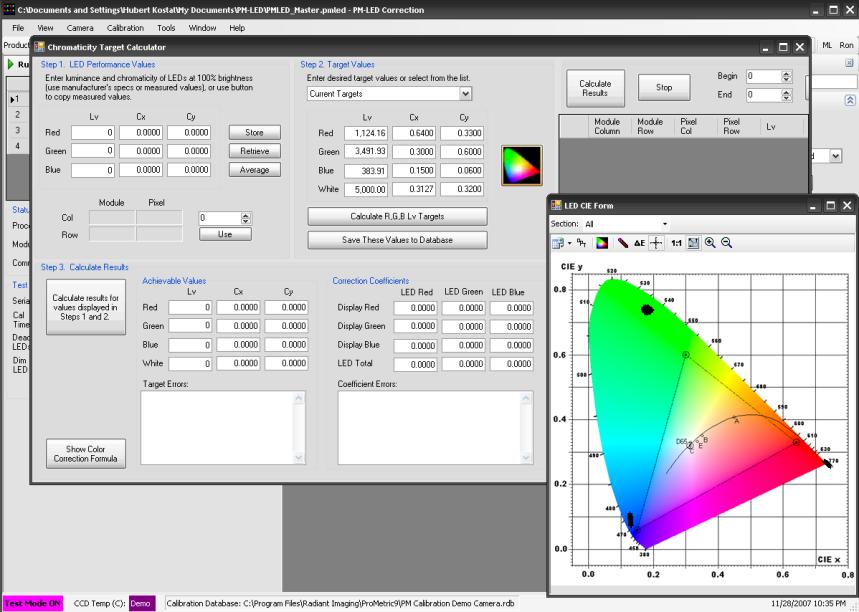 The Chromaticity Color Calculator is used to evaluate the color gamut that can be achieved by the LEDs used in the screen and to set a