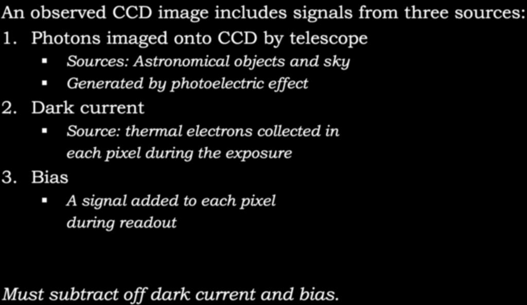 Calibration Images An observed CCD image includes signals from three sources: 1.