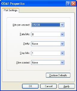 2. When you click the OK button in the Serial Port Settings window appears below. Section Setting Value Baud Rate 19,200 Data Format 8 bit Stop Bit 1 Parity No Flow Control None <Port Settings> 3.