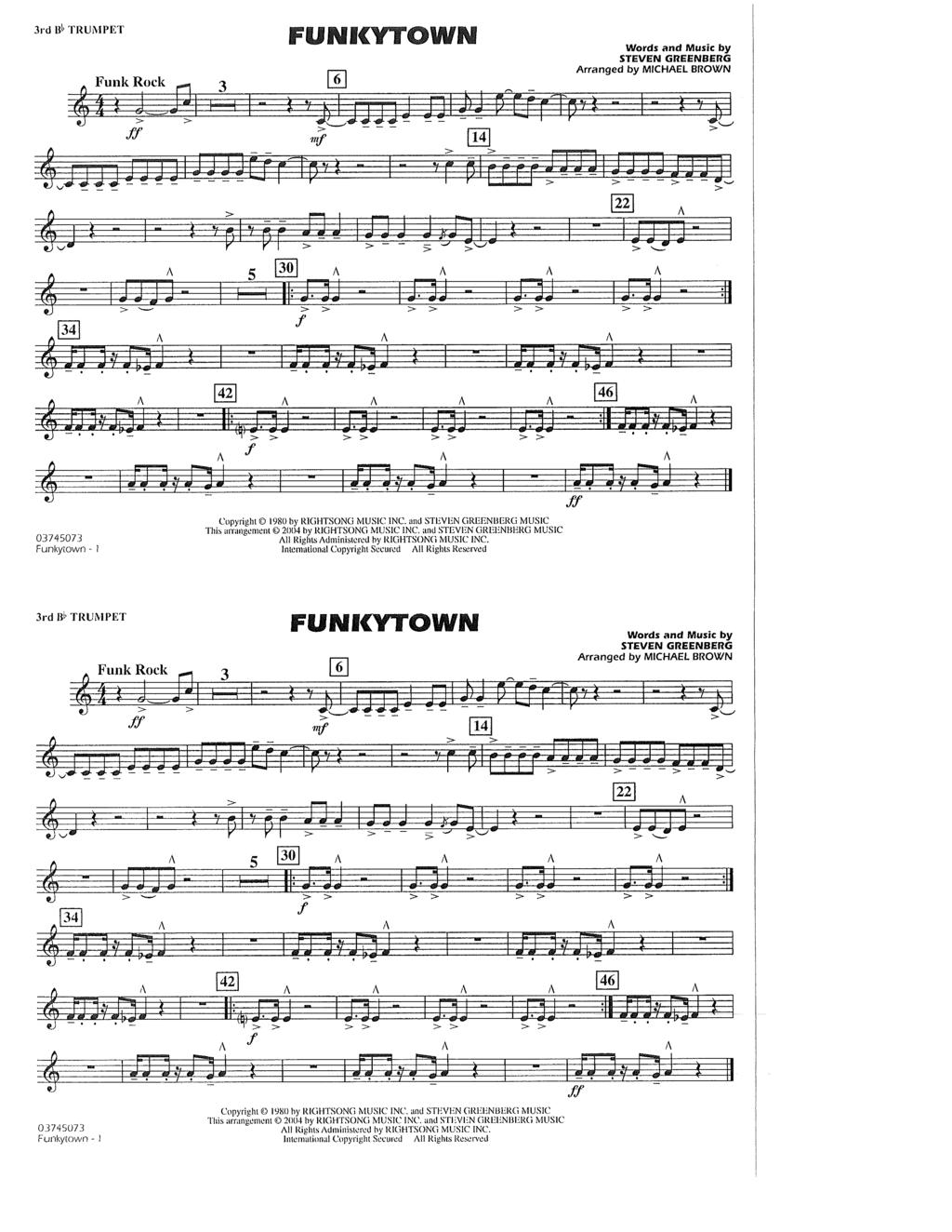 3rd l!» T UMPET FUWIC OWW STEVEN GREE BERG > 0374507 Funkytown - Copyright 1980 by RIGHTSONG MUSIC INC.