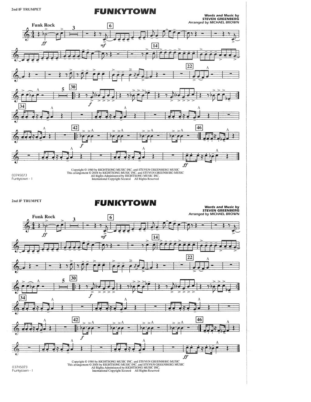 2nd Bl- TRUMPET FUWIC OWM 0 STEVEN G EENBERG f T ITP LJ '. "; mf 14 > 1 > _ > > ff<gl > 34 30 f > > > J)t> 42 ut -..i. E/r-r- at OT / Funkytown - Copyright 1980 by RIGHTSONG MUSIC INC.