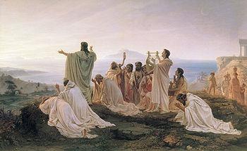 Figure 1: Pythagoreans, followers of an Ancient Greek religion which worships numbers celebrate the early morning sunrise in a painting by Fyodor Bronnikoy.