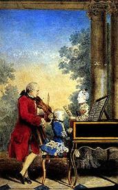 Figure 14: A watercolour painting by Carmontelle ca. 1763, of the Mozart family on tour. From left to right: Leopold, Wolfgang, and Nannerl.