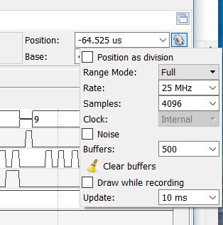 Make sure the sampling rate is faster than (at least 2x) the SPI clock. Analyzer Settings Add an SPI analyzer by clicking the + icon in the analyzer window on the left.