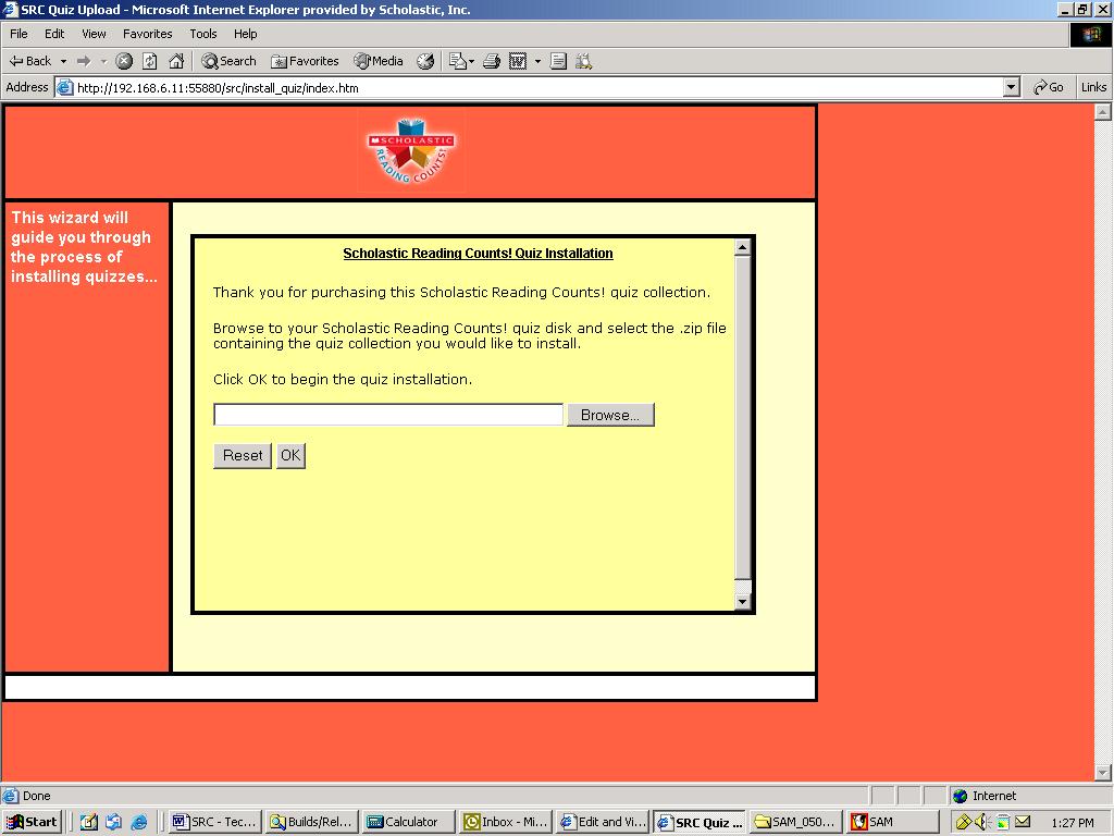 3. In a separate browser window, the Install Quizzes Wizard