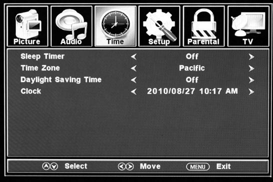 The TIME menu includes adjustment of settings for your local time zone and daylight savings time.