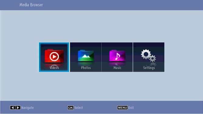 Using Media Browser This TV allows you to enjoy photo, music or video files stored on a USB device. Manual Start To display Media Browser window, press the button on the remote control.