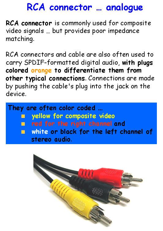 carries both audio and video Video Audio The RCA connector is a standard type of cable used