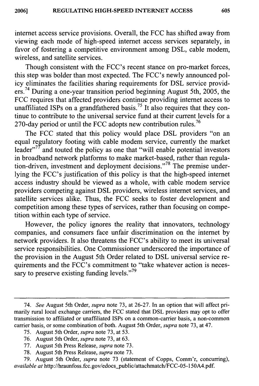 2006] REGULATING HIGH-SPEED INTERNET ACCESS internet access service provisions.