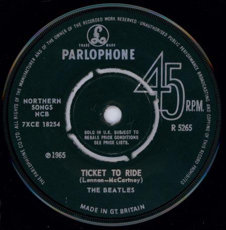 Single: "Ticket to Ride"/"Yes It Is" Parlophone R-5265 The A-side is the same mix that is found on the mono LP. The B-side mix was made February 18, 1965.