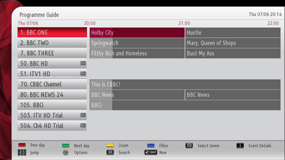 Electronic Programme Guide (EPG) Some, but not all channels send information about the current and next programmes. Press the button to view the EPG menu.
