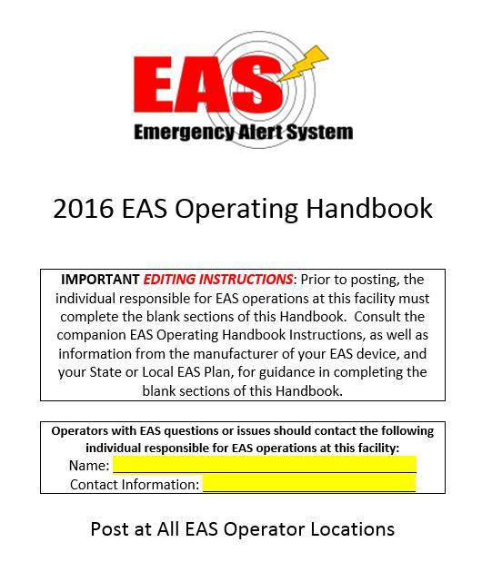 Instructions for EAS Operating Handbook Page 1 - Cover CHECKBOX CHOICES (There are no checkbox choices on this page.