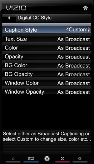 The on-screen menu is displayed. 2. Use the Arrow buttons on the remote to highlight the CC icon and press OK. The Closed Caption menu is displayed. 3.