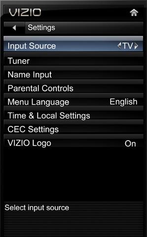 5 CHANGING THE TV SETTINGS Using the settings menu, you can: Change the input source Set up the TV tuner Name the TV inputs Set up parental controls Change the on-screen menu language Set the time