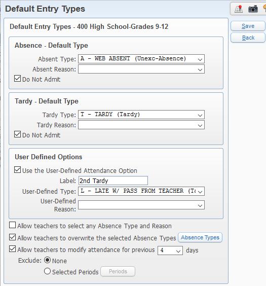 Expand the record and select the Edit Defaults link. Note the capability to Allow teachers to overwrite the selected Absence Types.
