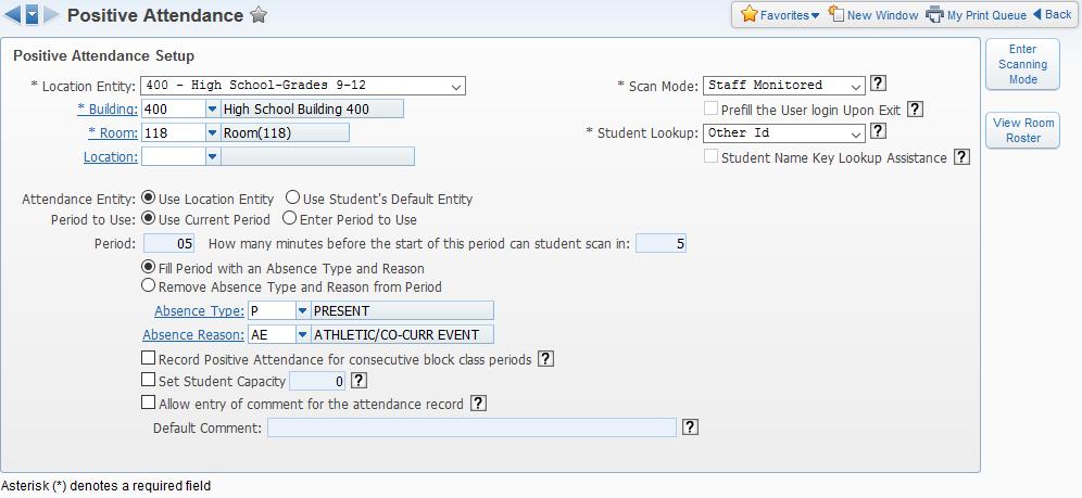 Positive Attendance Setup The Positive Attendance Setup screen is used to identify the room that students will be checking into through the work station, what Attendance Period will be updated, and