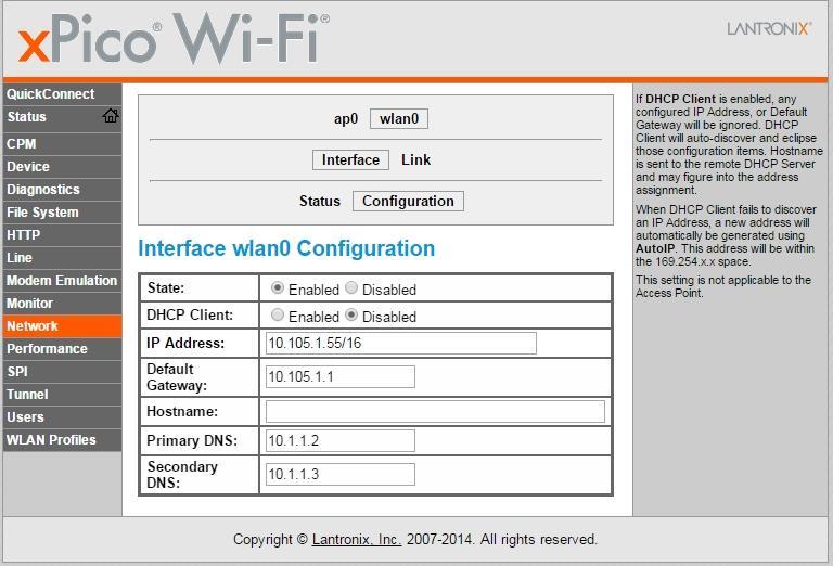 Configure the WIFI device to connect with the Skyward Positive Attendance Service 1. Click the Network link. Choose wlan0. Choose Interface. Choose Configuration. 2.