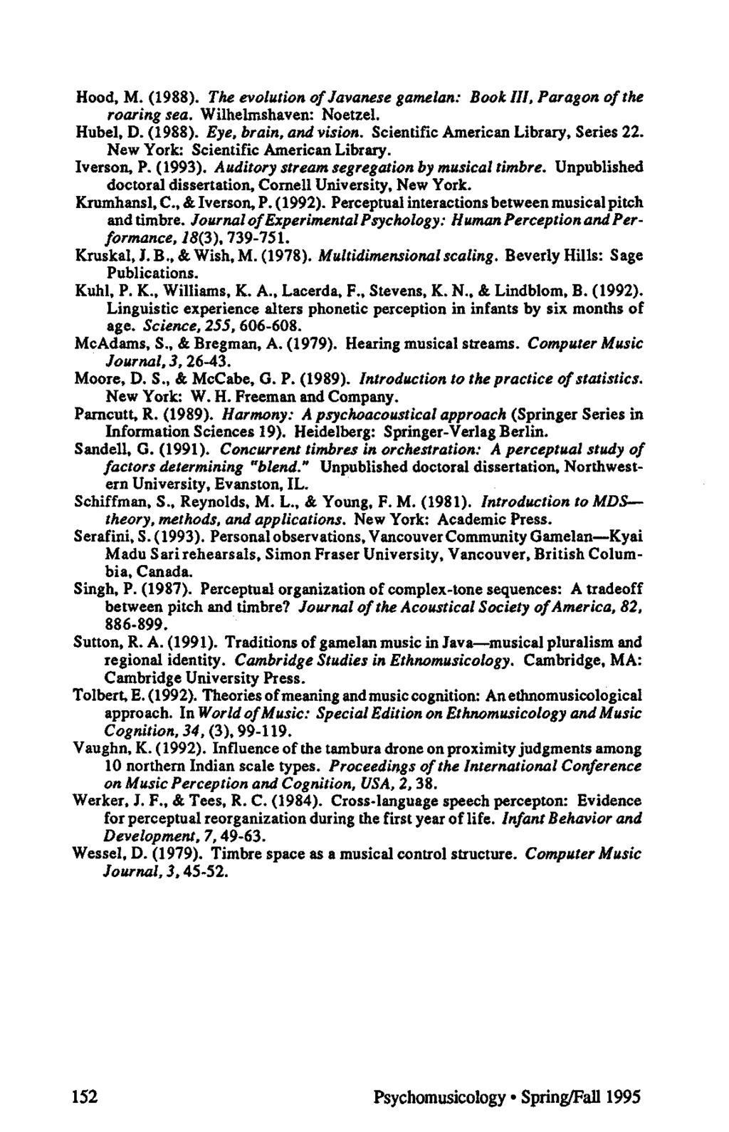 Hood, M. (1988). The evolution of Javanese gamelan: Book III, Paragon of the roaring sea. Wilhelmshaven: Noetzel. Hubel, D. (1988). Eye, brain, and vision. Scientific American Library, Series 22.