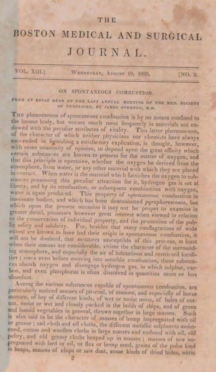 envoys; residences of public officers; mail. [1 copy found in OCLC] (#19901) $300.00 #7 1836 9. (SPONTANEOUS HUMAN COMBUSTION) Smith, J.C.V. Boston Medical and Surgical Journal. Volume XIV, 1836.
