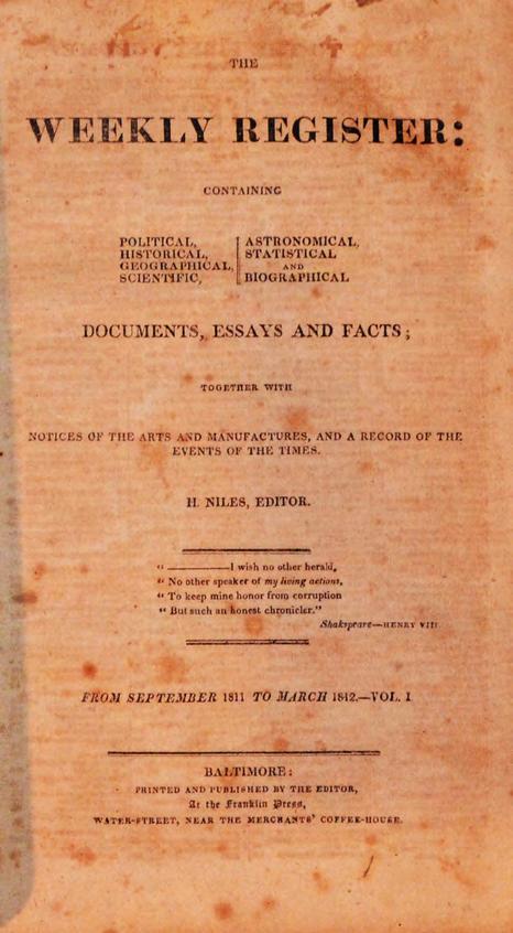 good condition. (#9670) $100.00 4. Niles, Hezekiah. Journal of the Proceedings of the Friends of Domestic Industry, in General Convention Met at the City of New York, October 26, 1831.