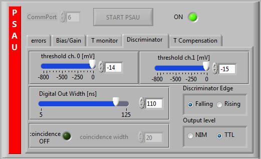 The Discriminator tab allows the settings of the threshold of the discriminators and the width of the signal