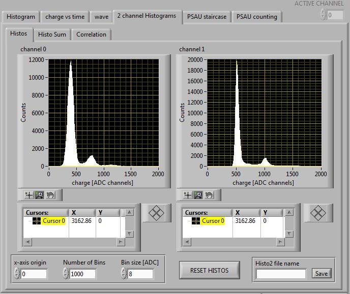 The 2 channel Histograms tab allows for managing the histogram plots from the two channels of the digitizer simultaneously.