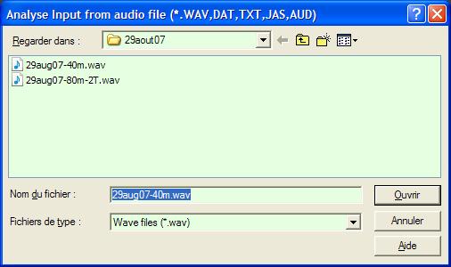 On the main SL display, select File, Audio Files, Analyse audio file (without DSP) or: (with DSP) to play back the file in real time, observe the spectrogram and listen to it.