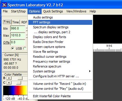 FFT Settings Ref: http://freenet-homepage.de/dl4yhf/speclab/settings.htm#fft_settings Select: Options, FFT settings ANALYSIS OF A NARROW FREQUENCY SPAN (for precise freq.