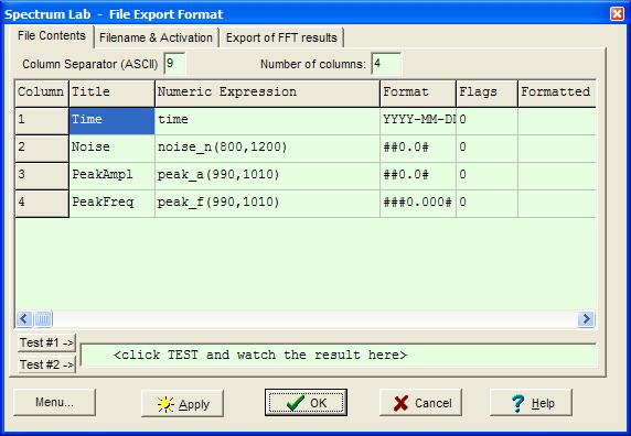 wav file being analyzed. The File Contents window shows what data will be put in the exported file. You may delete some items if required.