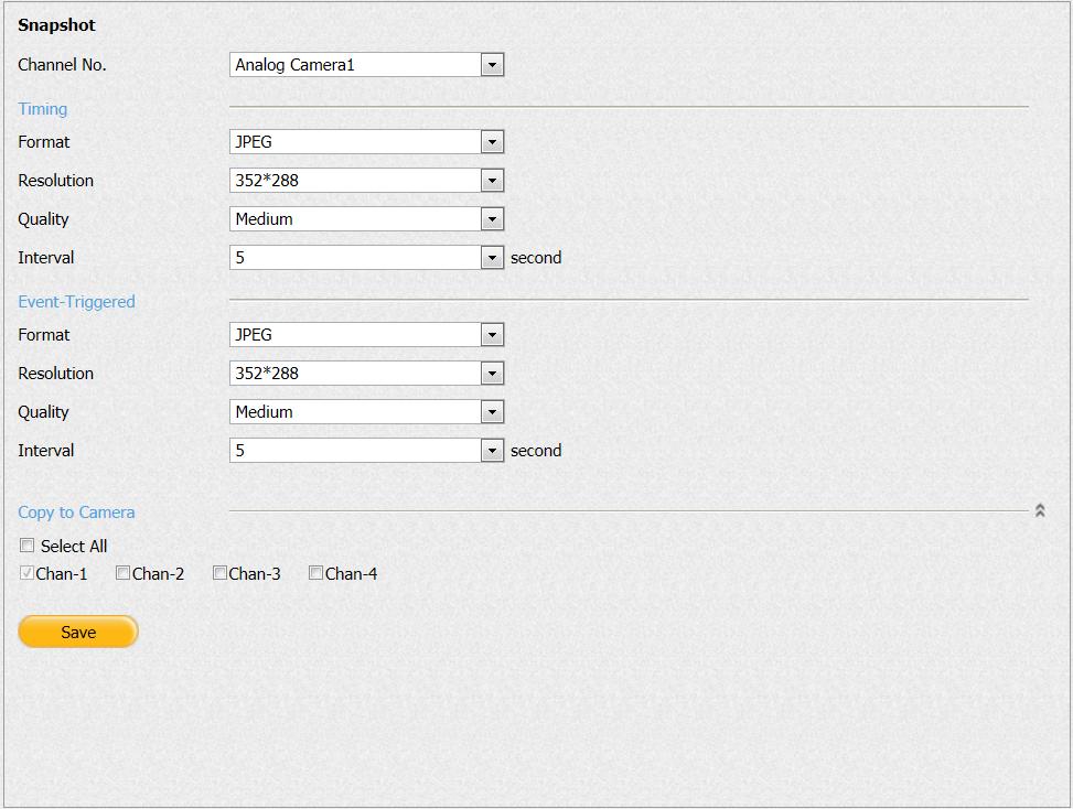 EN-204 User and Installation Guide To create a snapshot From the Configuration sidebar menu, select Camera Settings > Snapshot. The Snapshot screen opens.