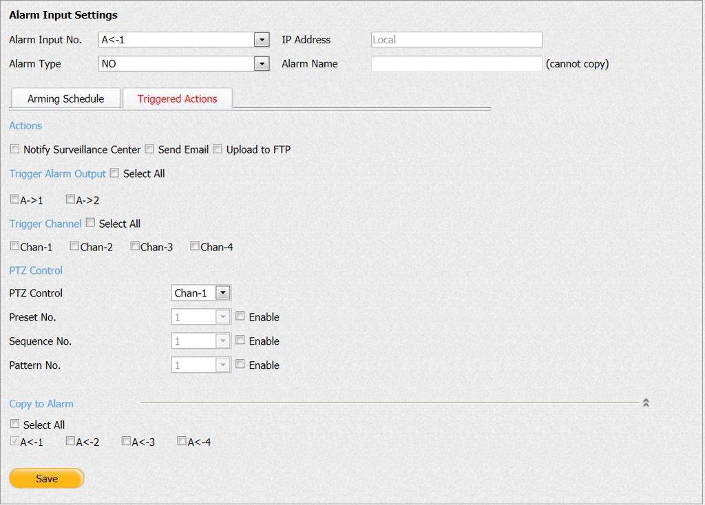 Accessing the EN-204 via a Web Browser To configure the input alarm triggered actions From the sidebar menu, select Configuration > Alarm Settings > Alarm Input.