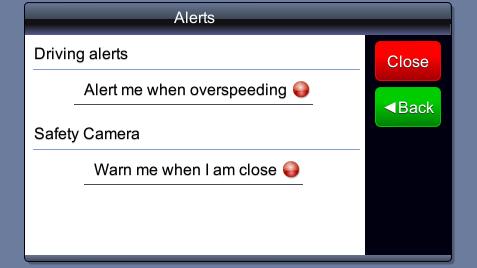 Alarme Alarme Afişează meniul cu buton de pornire/oprie a alarmelor sonore în cazul depăşirii vitezei (dacă