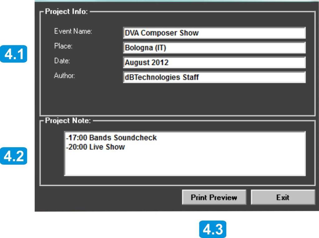 13 DVA Composer Ver3.1 dbtechnologies 3 - PRINTOUT SECTION On Printout section you can print your setup. 4.