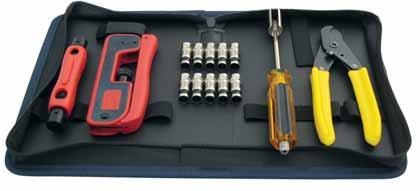 Premier CATV Connectivity Kit Kit Contains: 10500C Coax & Round Wire Cable Cutter 15020C Double-Ended Coax Stripper RG7/11/213 & RG59/6/6Q 16220C SealSmart II Compression Crimp Tool 11021 F Connector