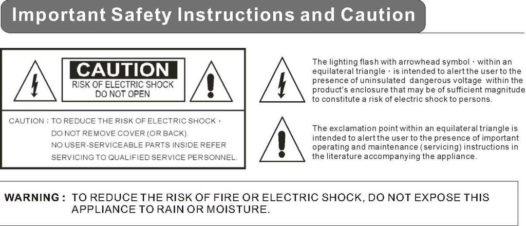 CAUTION: TO REDUCE THE RISK OF ELECTRIC SHOCK DO NOT REMOVE COVER (OR BACK) NO USER-SERVICEABLE PARTS INSIDE REFER SERVICING TO QUALIFIED SERVICE PERSONNE; Please Read all of these instructions