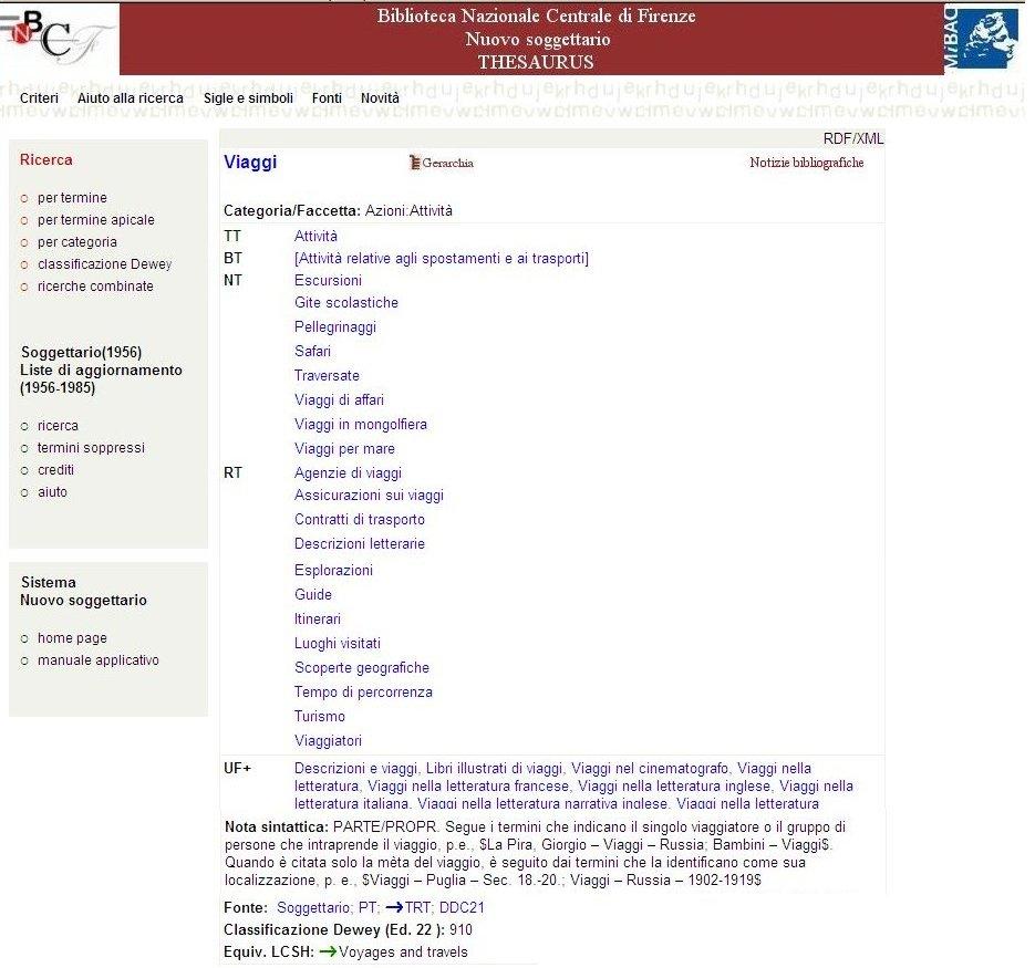 Figure 44 Example of a Nuovo soggettario authority record The function Notizie bibliografiche shows the linked records in the National Central Library of Florence Catalogue, this example