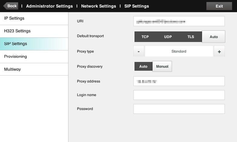 settings The Administrator Settings SIP Settings The SIP settings pane lets you specify: Your URI. The Default transport layer, this can be set to TCP, UDP, TLS or Auto.
