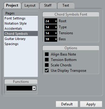 Working with chords Global chord settings Global chord settings In the Score Settings dialog on the Project page (Chord Symbols subpage), there are several global settings that affect how chords are