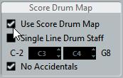 Scoring for drums Setting up the drum map Use Score Drum Map on/off For the drum map settings to be used in the score, you need to activate the Use Score Drum Map option in the Score Settings dialog
