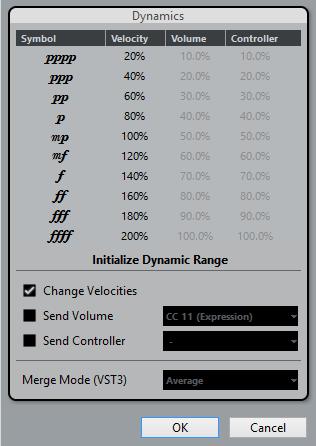 The score and MIDI playback Working with mapped dynamics To open the dialog, right-click on one of the symbols in the Dynamics Mapping section in the Symbols Inspector and select Dynamics Mapping.