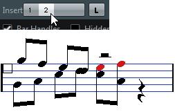 Select the two notes that you want to be moved to voice 1 and move them, too. All notes in the right voices. RESULT The voicing is now correct, as you can tell from the stem directions.