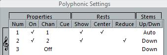 Additional note and rest formatting Setting stem direction Setting stem direction In polyphonic voices In the Score Settings dialog, on the Staff page (Polyphonic tab), the stem direction can be set
