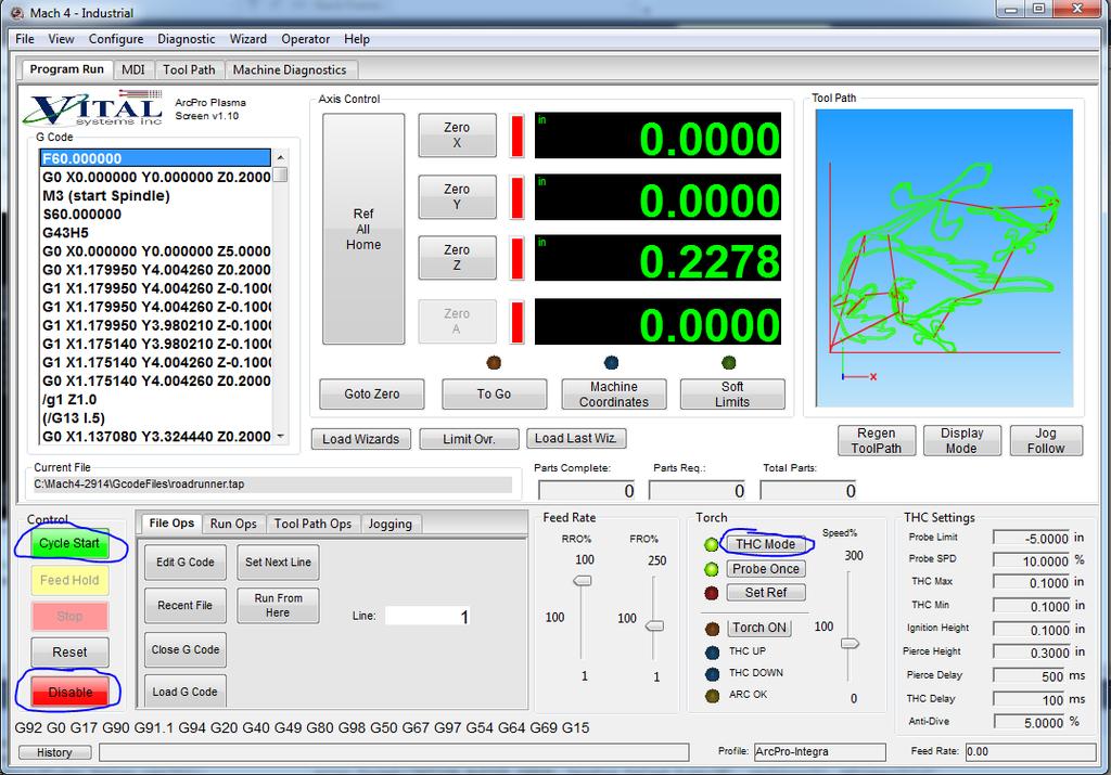 3. Once the GCode file is loaded, click on the Enable button at the lower left of the ArcPro screen to Arm the system. 4.