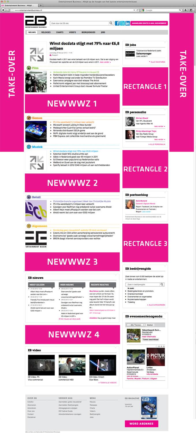 website Bannering on the website and in the newsletter Newwwz 1 between Films and Games news 475,- a week Newwwz 2 between Muziek and Retail news 375,- a week Rectangle 1 between EB Jobs and EB