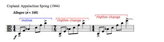 Copland uses rhythmic changes to add more motion to each consecutive measure.