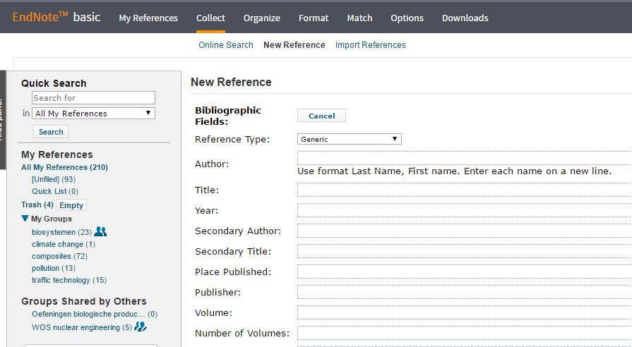 4. EndNote: Collect New reference Enter a new reference Manually: Fill in