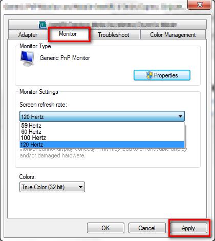 Under the Monitor tab, change the screen refresh rate to 120 Hertz. And then click Apply and Yes to confirm the change.