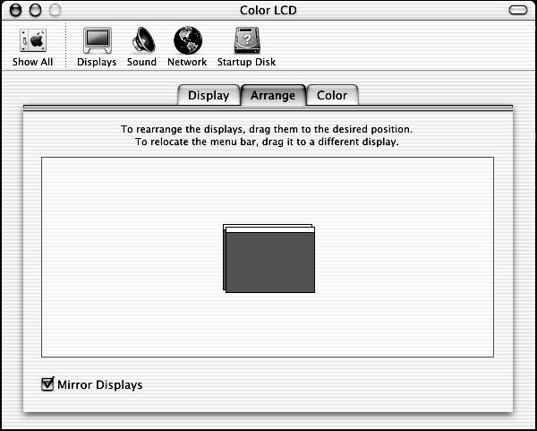 4. Click Mirror Displays in the lower corner of the screen. One of the monitor icons automatically moves on top of the other. Click here If you re using a Macintosh laptop with OS 9.